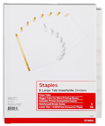 DIVIDERS, LARGE TAB, INSERTABLE, STAPLES, 8 TAB, CLEAR LARGE